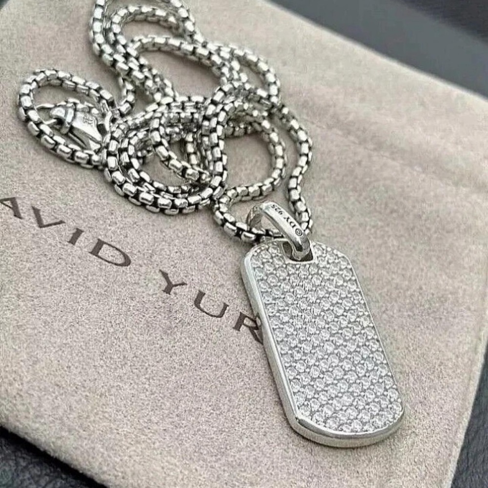 David Yurman New Silver Pave Dog Tag Necklace 22” chain authentic 35mm Silver